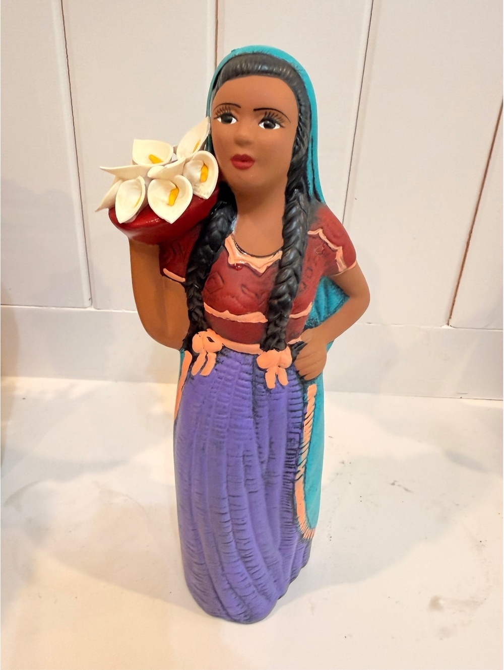 Handcrafted Traditional Woman Figurine with Calla Lilies Bouquet - Colorful Folk